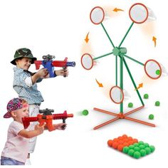 two children are playing with toys in front of an image of a ferris wheel and balls