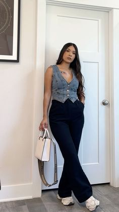 Black trouser, denim vest , new balance 9060, coach cream tote crossbody.  #outfitidea #ootd #casualwomensfashion #style #fashion #petitefashion #outfitinspo #springoutfit #easyoutfit Night Drink Outfit, Outfit For Backyard Party, Denim Inspo Outfit, 22 Year Old Outfits Classy, 9060 Outfit Women, Spring Outfits Ideas For Women, Different Types Of Styles Outfits Names, Minimal Outfits For Women Summer, Summer To Fall Outfits 2024