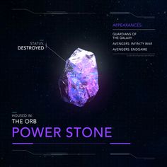 the power stone is shown in purple and black text, with information about its properties