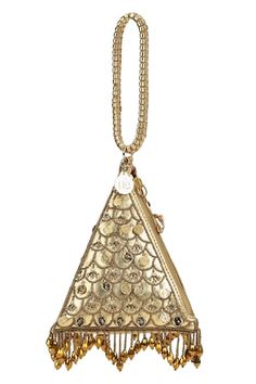 Gold triangular potli style bag embroidered with sequins and cutdana embellishments. Comes with woven handle. - Aza Fashions Luxury Festive Bags With Gold Embroidery, Cheap Embroidered Gold Shoulder Bag, Hand Embellished Potli Bag For Festivals, Hand Embellished Potli Bag For Festival Celebrations, Festive Hand Embellished Gold Bag, Festive Gold Hand Embellished Bag, Festive Gold Hand-embellished Bag, Festive Embellished Pouch Shoulder Bag, Luxury Hand Embellished Bags For Celebration