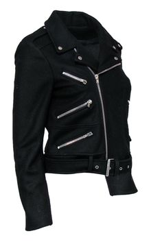 Bring out your rebellious side with this jacket from The Kooples! Silver accents add edge to this sleek piece. Perfect for throwing on for your next night out. Pair with leather pants and a bodysuit for an over-the-top look. Add stilettos and you'll be bound to turn heads! Size M Shell: 80% Wool, 20% Nylon Lining: 70% Acetate, 30% Polyester Front zip-up closure Lined Moto-style jacket Collared neckline w/ silver snap buttons Four zippered pockets on front One snap button pocket on front Built-in Punk Biker Jacket With Zip Fly For Fall, Black Winter Outerwear With Metal Zipper, Fitted Winter Biker Jacket With Metal Zipper, Black Outerwear With Metal Zipper For Fall, Fitted Biker Jacket With Metal Zipper For Winter, Fitted Leather Jacket With Metal Zipper For Winter, Black Spring Outerwear With Metal Zipper, Black Fall Outerwear With Metal Zipper, Spring Black Outerwear With Metal Zipper