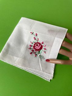 White handkerchief with lovely  embroidery cotton NOS 12 inches Summer Embroidered Cotton Handkerchiefs, Summer Cotton Embroidered Handkerchiefs, Red Cotton Handkerchiefs As Gift, Red Cotton Handkerchiefs For Gifts, Vintage Embroidered Summer Handkerchiefs, Flower-shaped Embroidered Handkerchiefs For Gifts, Embroidered Flower Handkerchiefs As Gift, Embroidered Flower Handkerchiefs For Gifts, Flower Shaped Embroidered Handkerchiefs For Gift