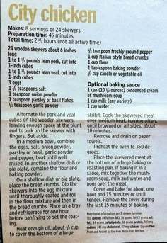 a newspaper clipping with instructions on how to cook in the city chicken ovens