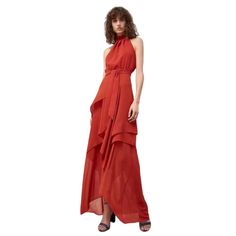 Halter Neck Backless Hidden Zipper Tie At Waist Perfect For The Holiday Parties Red Pre-draped Maxi Dress, Summer Pre-draped Halter Neck Maxi Dress, Pre-draped Halter Neck Party Maxi Dress, Pre-draped Halter Evening Dress, Red Pre-draped Maxi Dress For Evening, Pre-draped Red Maxi Dress For Evening, Elegant Red Halter Dress For Evening, Red Halter Neck Maxi Dress For Gala, Elegant Red Pre-draped Maxi Dress