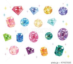 an assortment of different colored diamonds on a white background