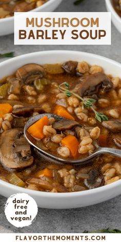 two bowls of mushroom barley soup with a spoon