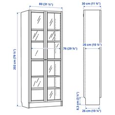 a tall glass door cabinet with measurements for the bottom and side shelves on each side