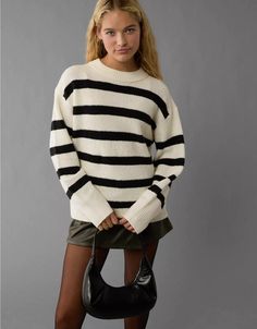 AE Whoa So Soft Crew Neck Sweater Striped Sweater For Winter Workwear, Winter Striped Sweater For Workwear, Winter Striped Sweater For Work, Winter Striped Sweater With Ribbed Neckline, Striped Sweater For Everyday In Fall, Striped Knit Sweater For Work, Knit Sweater With Striped Cuffs For Winter, Winter Knit Sweater With Striped Cuffs, Striped Sweater For Workwear In Fall