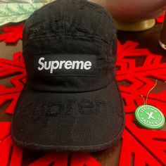 Supreme Frayed Logo Denim Black Camp Hat Perfect Condition, Worn 3x. Auth Badge From Stock X Trendy Distressed Black Baseball Cap, Black Distressed Hat With Curved Brim, One Size Brimmed Baseball Cap For Streetwear, One Size Fits Most Brimmed Baseball Cap For Streetwear, Black Hats For Spring Streetwear, Black Distressed Baseball Cap For Streetwear, Distressed Black Cotton Hat, Black Distressed Cotton Hat, Hip Hop Black Hats For Spring