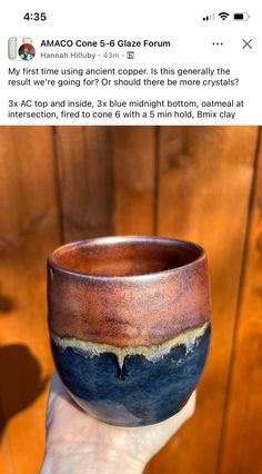 a hand holding up a brown and blue bowl