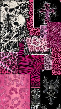 pink and black wallpaper with skulls, leopards and hearts on it's side