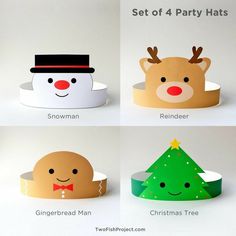 four different paper hats with faces and noses on them, one for the snowman, one for the reindeer