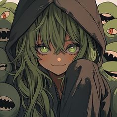 an anime character with green eyes surrounded by monsters