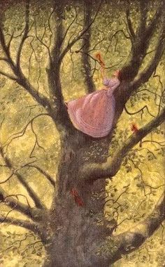 a painting of a woman in a pink dress sitting on top of a large tree