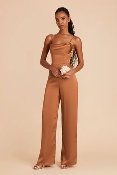 Donna Rust Matte Satin Bridesmaid Jumpsuit | Birdy Grey Bridesmaid Pantsuit, Modern Jumpsuit, Bridesmaid Jumpsuit, Rust Bridesmaid Dress, Bridesmaids Jumpsuits, Brown Jumpsuits, Rose Bridesmaid Dresses, Bridesmaid Inspiration, Birdy Grey