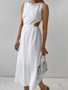 Women's 2024 Elegant Dress Crew Neck Sleeveless Hollow Out Waist Midi Dresses 100%Cotton Summer Cotton Sundress In Solid Color, Sleeveless Non-stretch Summer Sundress, Sleeveless Non-stretch Sundress For Summer, Solid Color Sleeveless Cotton Dress For Spring, Solid Cotton Sleeveless Summer Dress, Solid Cotton Sleeveless Dress For Spring, Spring Sleeveless Cotton Dress, Summer Sleeveless Cotton Dress, Spring Vacation Sleeveless Dress In Solid Color