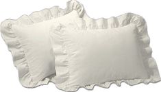 two white pillows with ruffled edges on a white background, one in the foreground