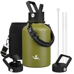 a green water bottle with black straps and other accessories