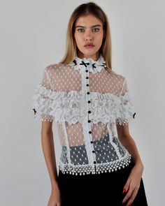 Fitted Ruffled Lace Top For Spring, Lace Tops With Ruffled Collar For Daywear, Lace Top With Ruffled Collar For Daywear, Fitted Blouse With Lace Top And Ruffled Collar, Spring Fitted Lace Top With Ruffles, Short Sleeve Lace Top With Ruffles, Fitted Lace Blouse With Peter Pan Collar, Fitted Short Sleeve Lace Top With Ruffles, Feminine Formal Blouse With Lace Patchwork