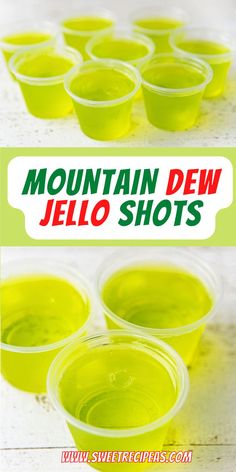 several cups filled with green jello and the words mountain dew jello shots