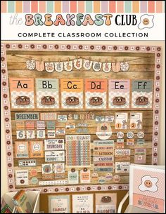 the breakfast club complete classroom collection is displayed in front of a wooden board with letters and numbers