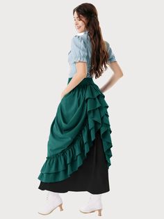 Green Ruffled Skirt, Fitted Full Skirt With Ruffle Hem, Fitted Green Skirt With Ruffle Hem, Green Full Skirt With Ruffles, Fitted Long Pleated Skirt With Ruffles, Green Ruffled Relaxed Skirt, Fitted Victorian Skirt With Ruffles, Victorian Ruffled Fitted Skirt, Black Steampunk Skirt With Ruffles