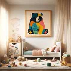 a child's bedroom with a bear painting on the wall