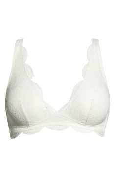 A French-designed triangle bralette with lightweight, breathable spacer-foam demi cups is overlaid in flat, scalloped lace for everyday glamour. 69% nylon, 31% elastane Hand wash, dry flat Imported Women's Clothing Elegant Triangle Top Bra With Lace Trim, Elegant Triangle Top Bra With Delicate Lace, Feminine White Bra With Lace Closure, White Feminine Bra With Lace Closure, Cream Lace Bra With Lace Trim, White Lace Bra With Removable Pads, Feminine Cream Lace Bra, Elegant White Triangle Top Bra, Feminine Triangle Top Bra With Delicate Lace