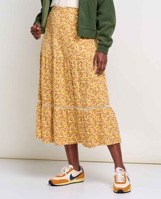 Skirt Lengths, Teacher Clothes, Tiered Midi Skirt, Ditsy Print, Midi Length Skirts, Skirt Design, Shop Sweatshirts, Sustainable Materials, Sweater And Shorts