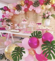 the instagram page is filled with pink and gold balloons, palm leaves, and other decorations