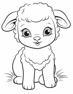 a cute lamb with big eyes sitting on the ground coloring pages for kids, printable