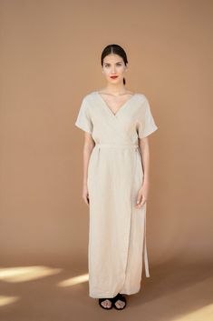 "This linen wrap dress is natural, breathable, and sustainable. Created from organic linen, it feels fabulous against the skin. The linen will give a fresh feeling even in the sunniest days of summer. This linen dress is elegant and comfortable. It's so easy to wear this wrap dress - just wrap it around you and you're ready to go. Inner ties will let you adjust the size. The outer belt will ensure even more adjustments for your waist and extra fastening. Band the belt around your waist and tie i Wrap Dress Long, Linen Wrap Dress, Summer Linen, Long Summer Dresses, Linen Skirt, Organic Linens, Vacation Dresses, Kimono Dress, Beach Dress