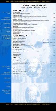 the menu for happy hour menu is blue and white