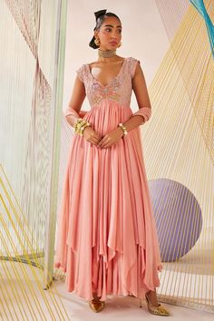 Peach raw silk and chinon chiffon layered padded anarkali with badla and resham hand embroidery. Comes with a net dupatta. - Aza Fashions Peach Anarkali, Anarkali Dress Pattern, Lehenga Wedding, Design Clothes, Net Dupatta, Anarkali Dress, Fashion Design Clothes, Raw Silk, Anarkali