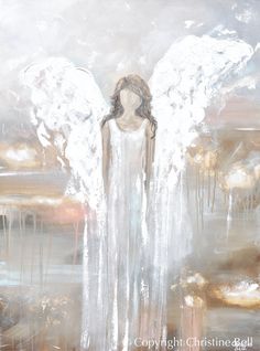 an angel with white wings standing in front of a painting