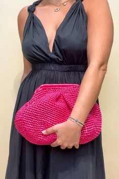 Made from colorful raffia, this clutch adds a touch of fun to any outfit. Perfect for a day at the beach or a night out, it's a must-have for any #SeliniStar. 100% RaffiaFully LinedSize: 8.66 x 15.74 x 7.48 inchesMade by hand in Thessaloniki, Greece Chic Pink Woven Crochet Bag, Summer Party Crochet Bag With Woven Details, Spring Chic Crochet Clutch Bag, Chic Spring Crochet Clutch Bag, Summer Evening Woven Crochet Bag, Handwoven Summer Evening Crochet Bag, Summer Evening Handwoven Crochet Bag, Handwoven Crochet Evening Bag For Summer, Summer Evening Straw Clutch Bag