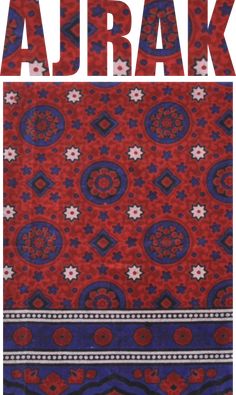 an image of a red, blue and white scarf with the words ajrak on it