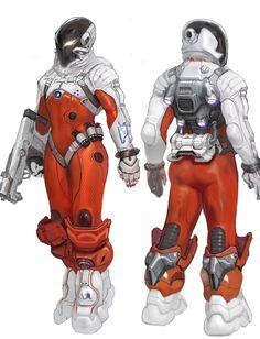 an artist's rendering of two humanoids in orange and white outfits with helmets on