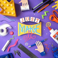 the word just make is surrounded by crafting supplies on a purple background with confetti and scissors