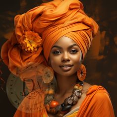 a woman wearing an orange turban and jewelry