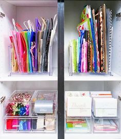 two shelves filled with lots of different types of paper and crafting supplies on top of each other