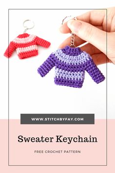 a hand holding a knitted sweater keychain with the words, free crochet pattern