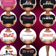 six different types of women's crop tops with the words i love you on them