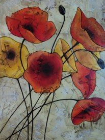 an abstract painting of red, yellow and orange flowers on a white background with black stems