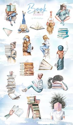 an illustrated book cover with many books on it