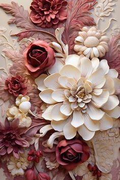 an intricately designed paper art piece with flowers and leaves on the side, in shades of pink