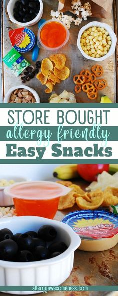 an assortment of snacks on a table with the words store bought aftery friendly easy snacks