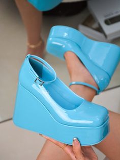 Teal Blue  Collar     Embellished   Women Shoes Turquoise Shoes, Teal Shoes, Bridesmaid Shoes, Round Toe Heels, Hippie Outfits, Platform Wedge Sandals, Ankle Straps, Platform Wedges, Type 1