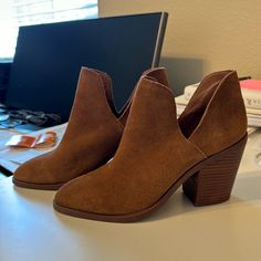 Size 9, 3-4inch Heeled Brown Bootie Fall Heeled Boots With 4-inch Heel And Closed Toe, Ankle Booties With 4-inch Heel For Fall, Fall Stacked Heel Closed Toe Heels, Suede Ankle Boot Heels With Stacked Heel, Suede Ankle Boots With Stacked Heel, Fall Closed Toe Heeled Boots With 4-inch Heel, Ankle-high Booties With Stacked Heel And Medium Width, Ankle-high Booties With Stacked Heel, Fall Closed-toe Heeled Boots With 4-inch Heel