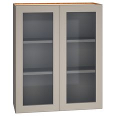 a gray bookcase with two glass doors on the front and one door open to show shelves